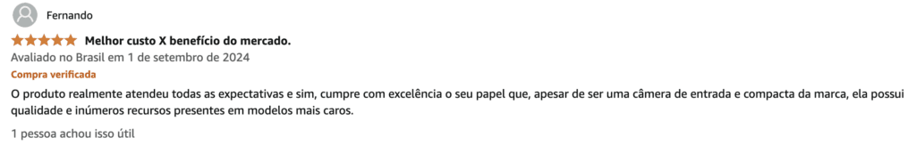 Comentário positivo de um comprador sobre uma câmera